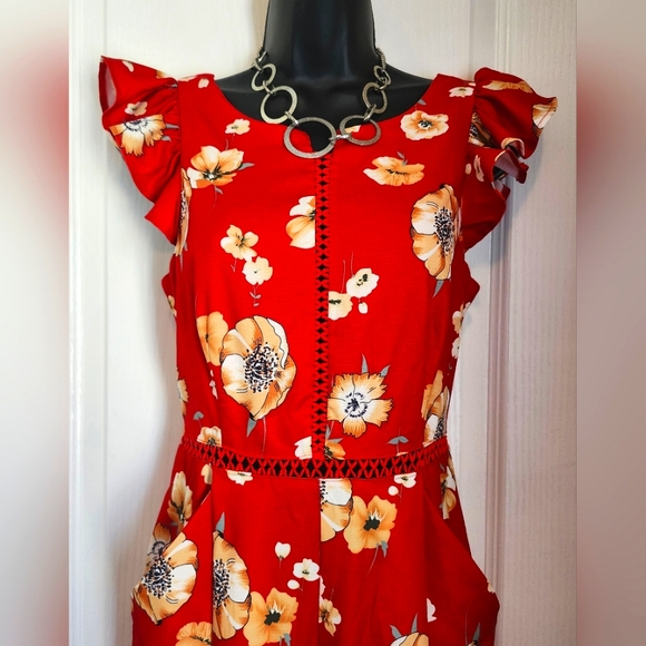 TEEZE ME orange floral ruffled sleeves jumpsuit Size Small EUC - Picture 2 of 6